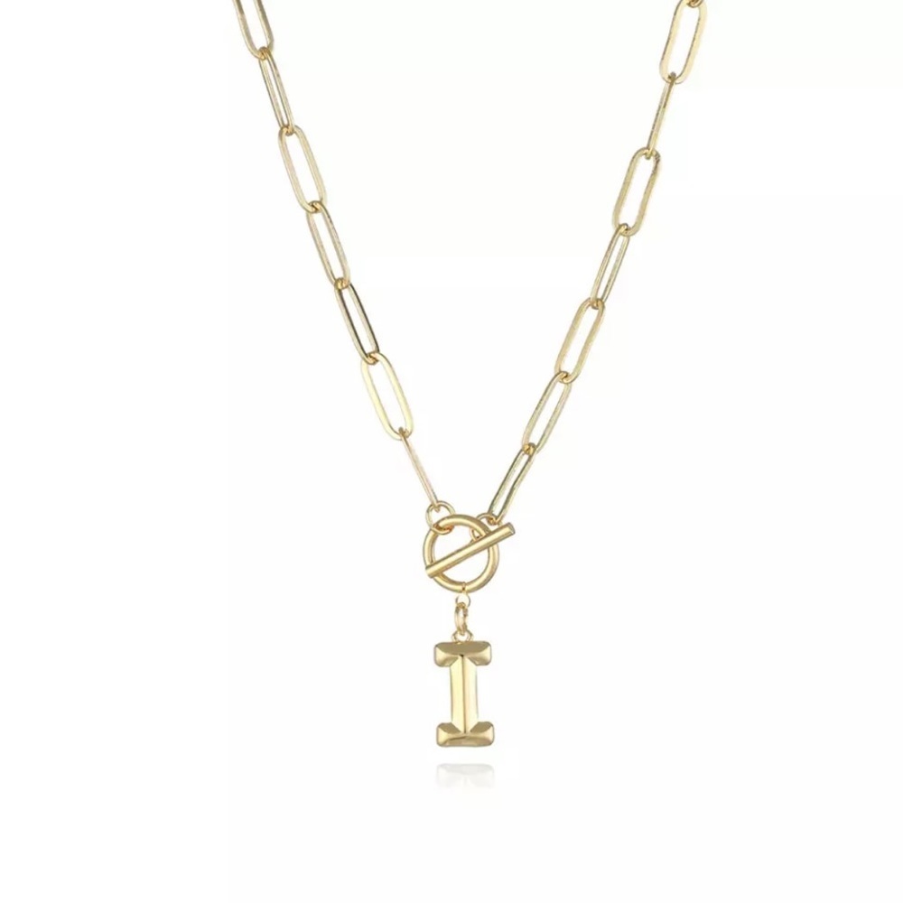Paperclip Chain Gold Initial Letter Necklace Charm I